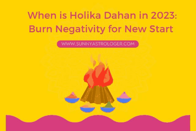 an illustration of a fire with the words " when is holika dahan in 2023 burn negativity for new start "