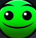 a close up of a green smiley face with black eyes and a smile .