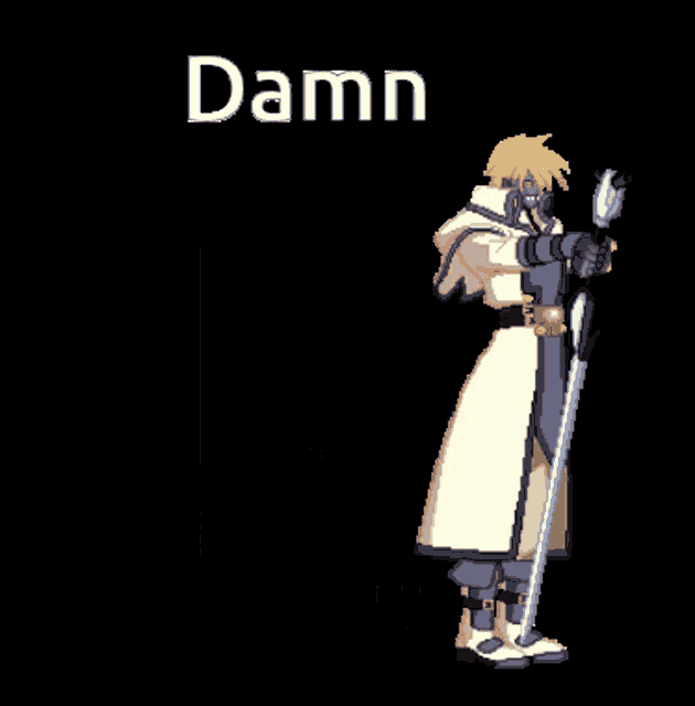 a pixel art drawing of a man holding a sword with the word damn below him