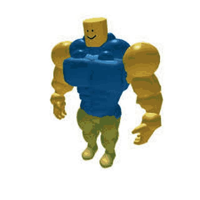 a very muscular roblox character with a smiley face on his face and arms .