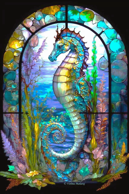 a stained glass window shows a seahorse in the water