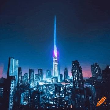 a city skyline at night with a very tall building that says ' dubai ' on it