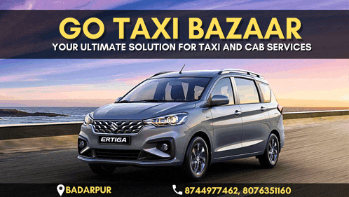 a advertisement for go taxi bazaar shows a gray ertiga