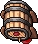 a pixel art illustration of a wooden barrel with blood dripping from it .