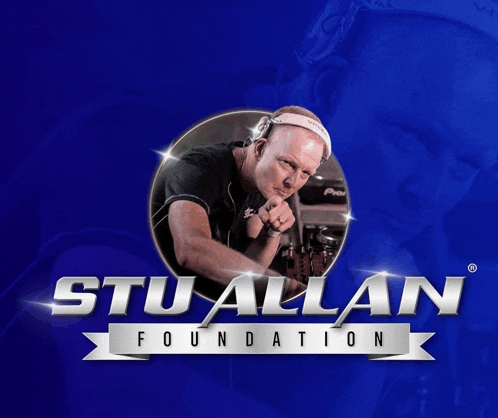 a stu allan foundation logo with a picture of a man wearing headphones