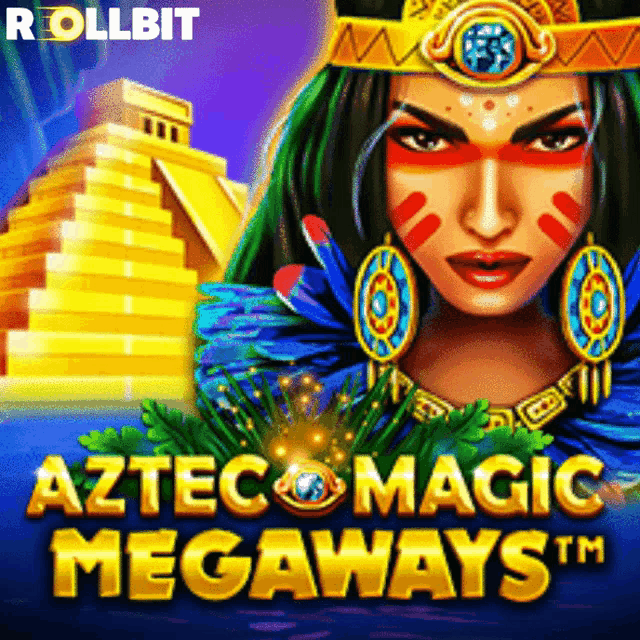 an advertisement for aztec magic megaways shows a woman and a pyramid in the background