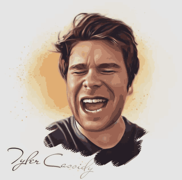 a drawing of a man laughing with the name tyler cassidy below him