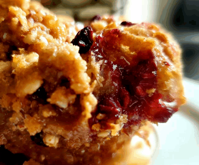 a close up of a piece of food with cranberry sauce on it