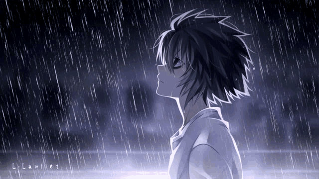 a drawing of a person in the rain with the letters l-lawliet on the bottom