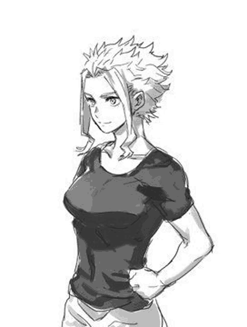 a black and white drawing of a woman in a black shirt .