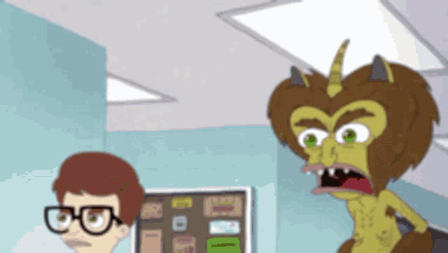 a cartoon of a man wearing glasses standing next to a monster