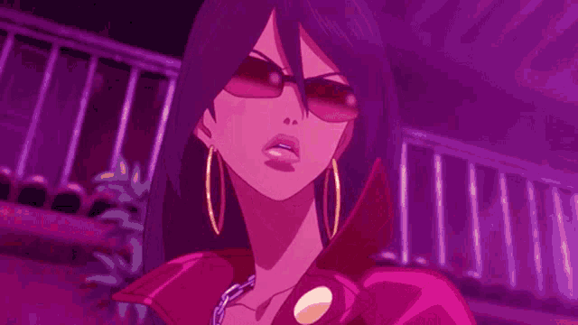 a cartoon girl wearing sunglasses and a pink jacket is making a funny face