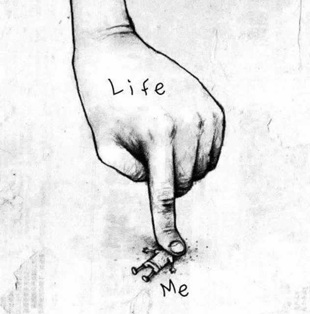 a black and white drawing of a hand pointing at a person with the words `` life '' written on it .