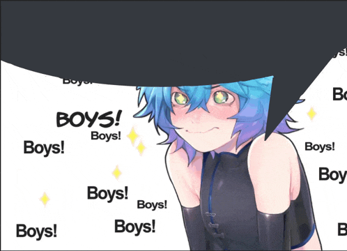 a girl with blue hair is surrounded by boys stickers