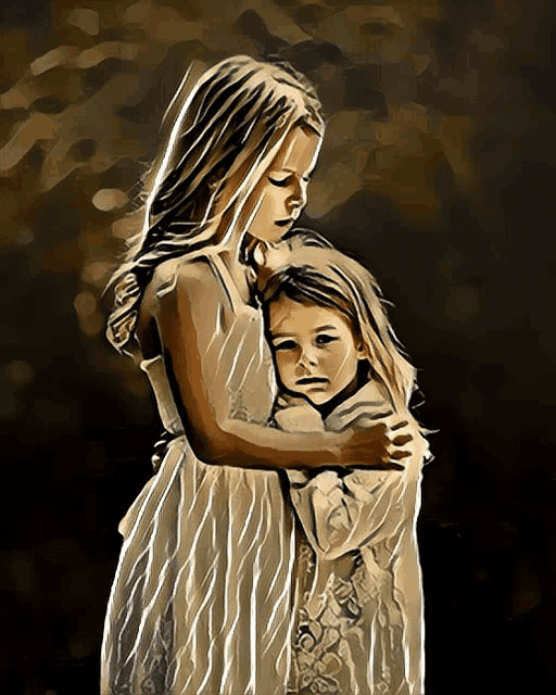 a painting of two little girls hugging one another