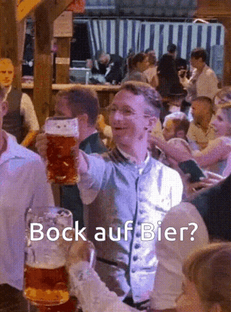 a man is holding up a glass of beer with the words " bock auf bier " below him