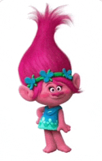 a troll with pink hair is wearing a blue dress and a flower crown