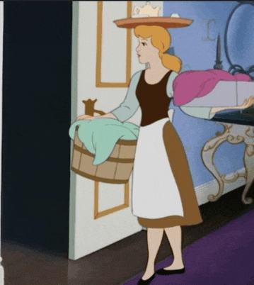 a cartoon cinderella is carrying a bucket of laundry on her head