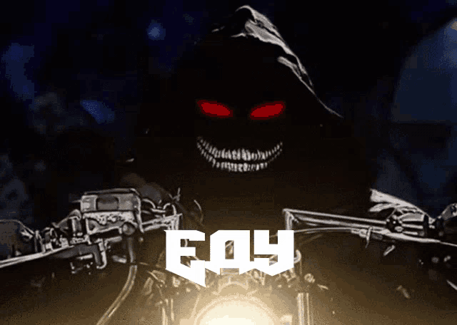 a grim reaper with red eyes is riding a motorcycle with the letters eoy on the front