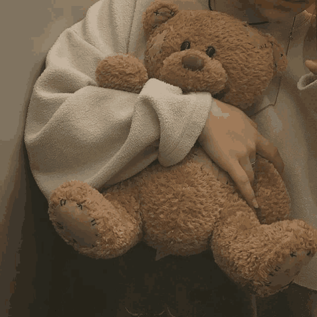 a person is holding a teddy bear that has the letter x on its nose