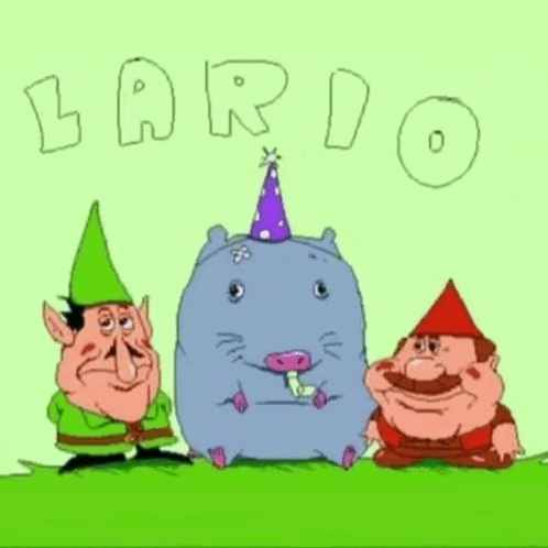 a cartoon of three gnomes and a hamster wearing a party hat