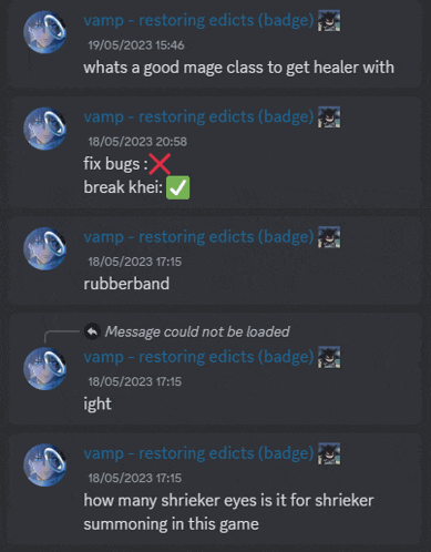 a screenshot of a discord conversation between vamp restoring edicts ( badge ) and rubberband