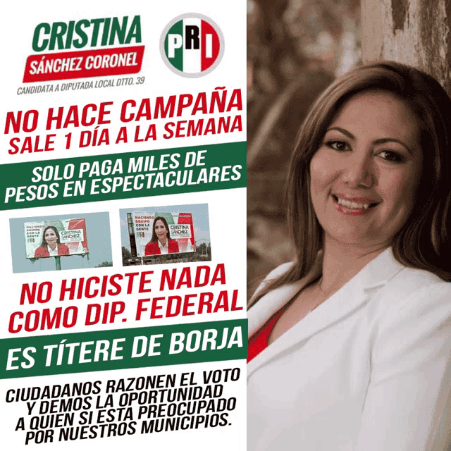 a poster for cristina sanchez coronel has a woman in a white jacket on it