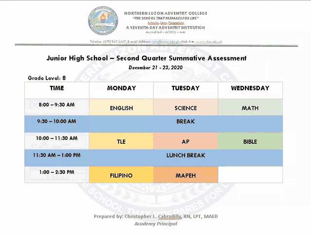 a schedule for junior high school second quarter summative assessments