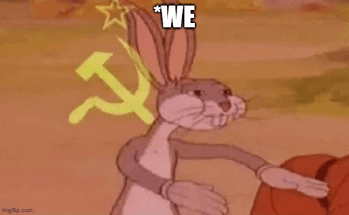 bugs bunny is standing in front of a hammer and sickle and a star .