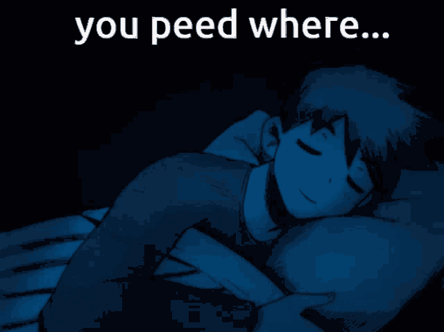 a drawing of a person sleeping with the words " you peed where " above it