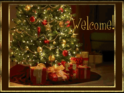 a picture of a christmas tree with gifts underneath it and the words welcome