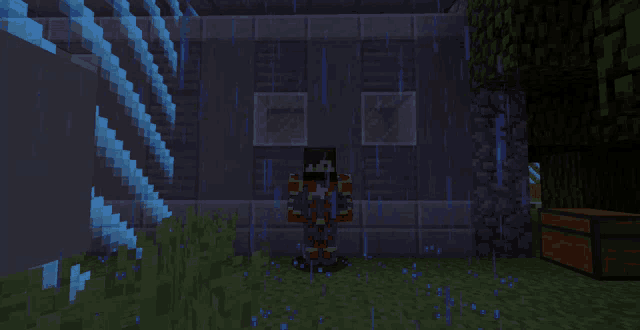 a minecraft character is standing in the rain with a chest in the background