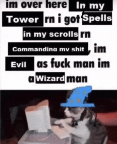 a wizard man is sitting at a desk in front of a computer with the words im over here in my tower