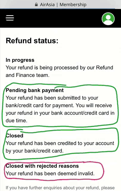 a screenshot of a refund status page for airasia membership