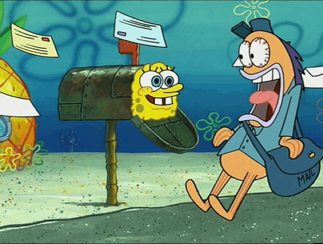 a cartoon drawing of a mailman and spongebob