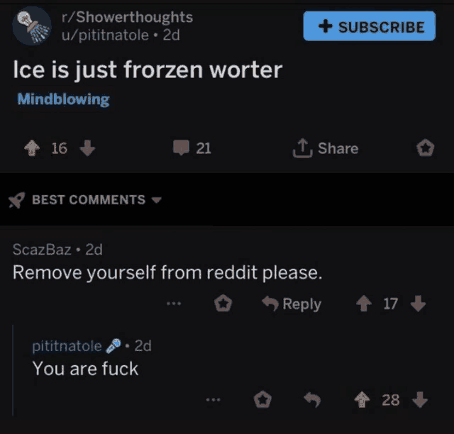 a screenshot of a reddit post about ice is just frozen worter