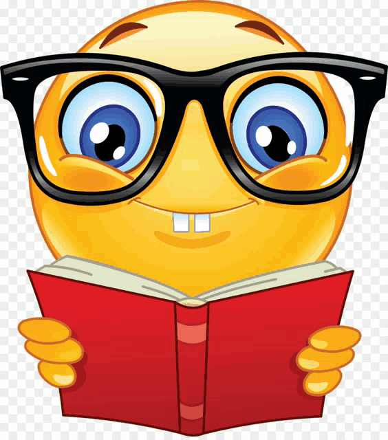 a smiley face with glasses is reading a book