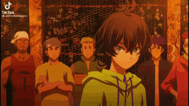 a group of anime characters are standing next to each other and one of them is a boy in a green hoodie