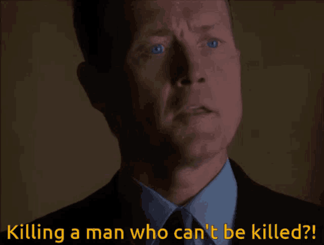 a man in a suit and tie with the words killing a man who can 't be killed below him