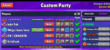 a screenshot of a game called custom party showing players and friends