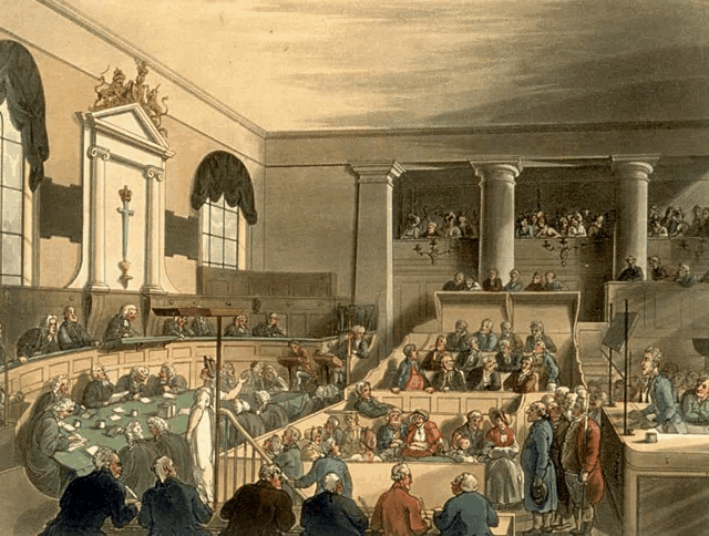 a painting of a courtroom with people sitting in it