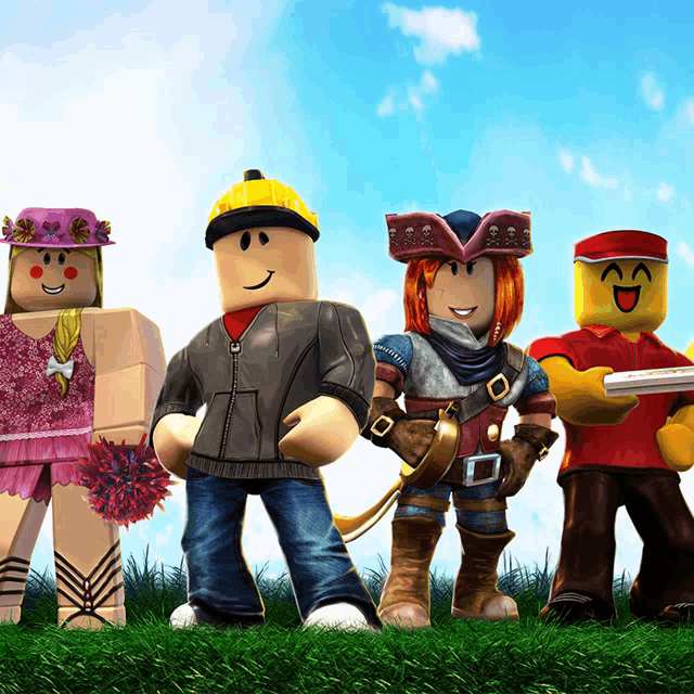 a group of roblox characters standing in a grassy field