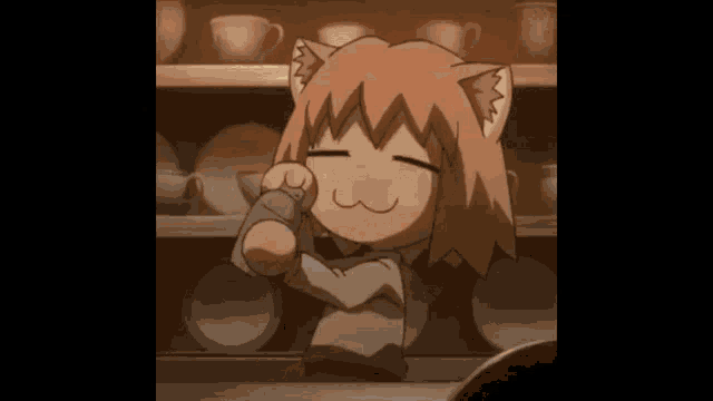 a cartoon girl with cat ears is standing in front of a shelf full of cups and plates .