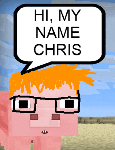 a pig with glasses and a speech bubble that says hi my name chris