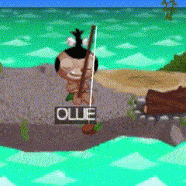 a cartoon character named ollie is fishing on a small island