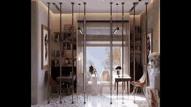 a room with a desk and chairs and a statue on the floor