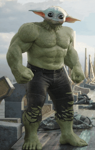 a hulk with a baby yoda face on his chest