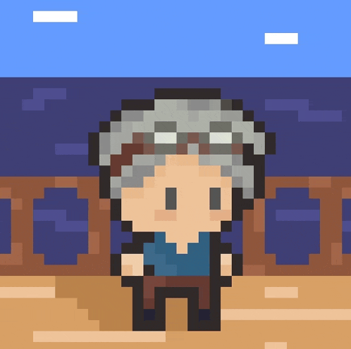 a pixel art of a man with gray hair wearing goggles