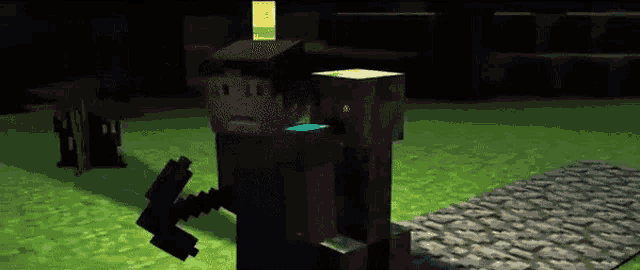 a minecraft character is holding a pickaxe and standing next to a zombie .