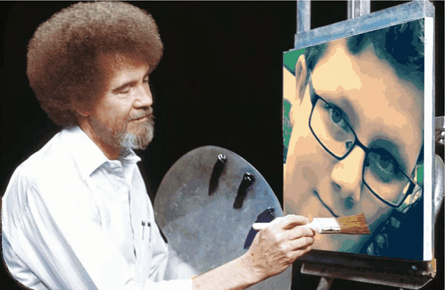 bob ross is painting a picture of a young man with glasses